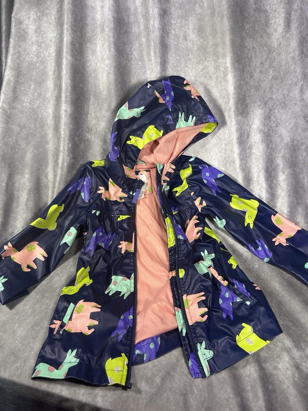 Cat & Jack Girls Raincoat Size 4T Llama Alpaca Hooded Jacket Waterproof
